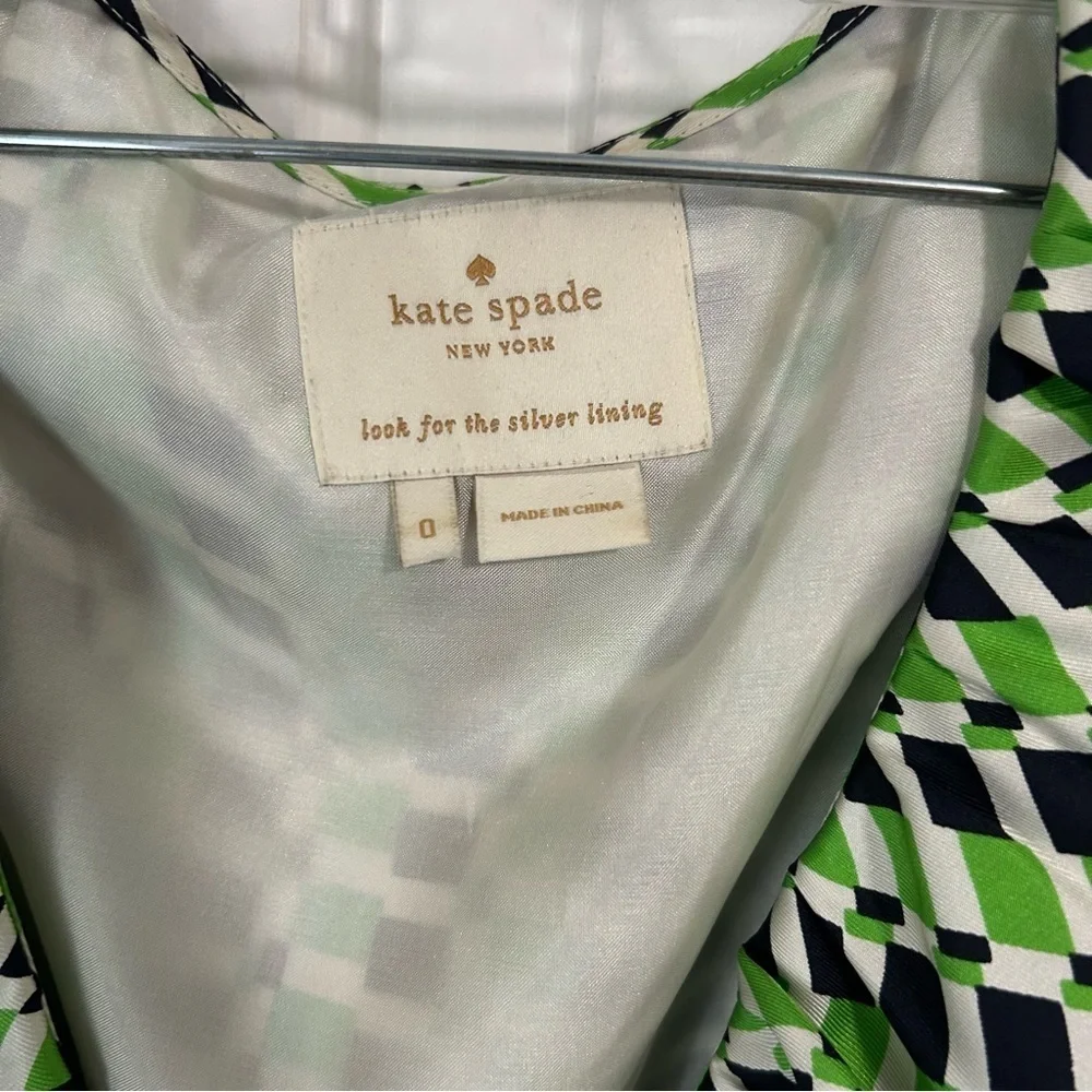 Kate Spade Aubrey Wrap Silk Geo Print Ruffle Green Black Dress Size 0 N2